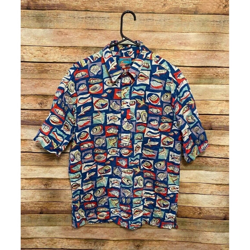 Reyn Spooner Popover Hawaiian Shirt Mens Large Blue Fish Seashells Camp Collar